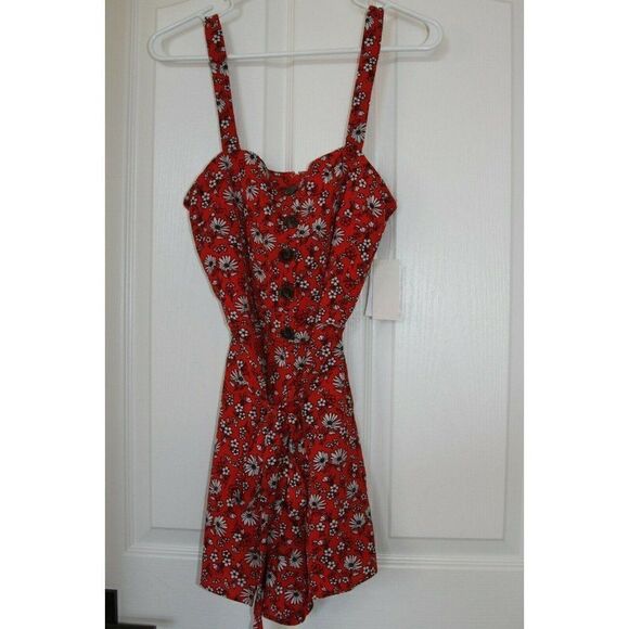 Rowa Romper Shorts Floral Red Tie Belt Summer Vacation Stretch Juniors XL NEW - Picture 1 of 5